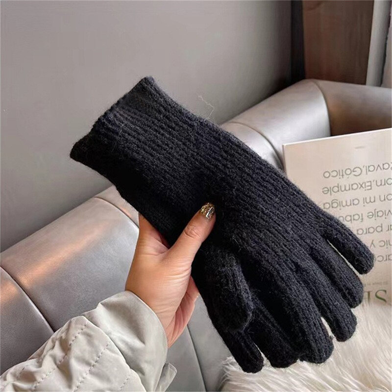 Guantes de lana de punto de Color puro para mujer, pantalla de invierno, guantes cálidos gruesos de dedo dividido, regalo para pareja, 1 par