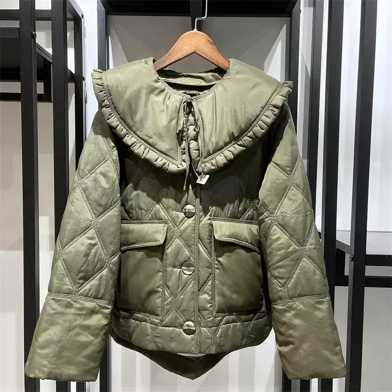 Женская Стеганая куртка с оборками, короткая хлопковая куртка со съемными большими лацканами, Осень-зима 2023