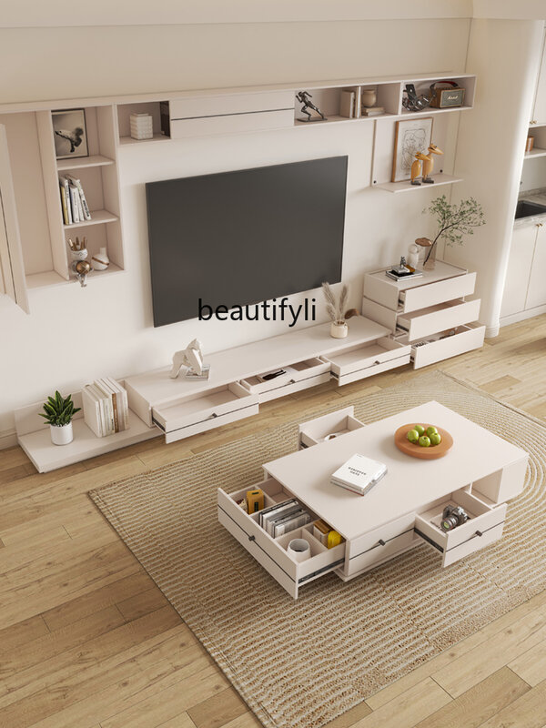 Cream Style Coffee Table TV Cabinet, simples parede de fundo integrado, moderno Curio Cabinet, retrátil para pequeno apartamento
