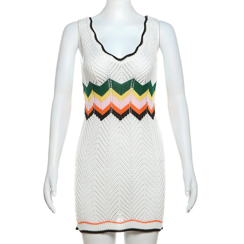 Женское трикотажное платье без рукавов, облегающее мини-платье контрастных цветов с низким вырезом, лето 2024