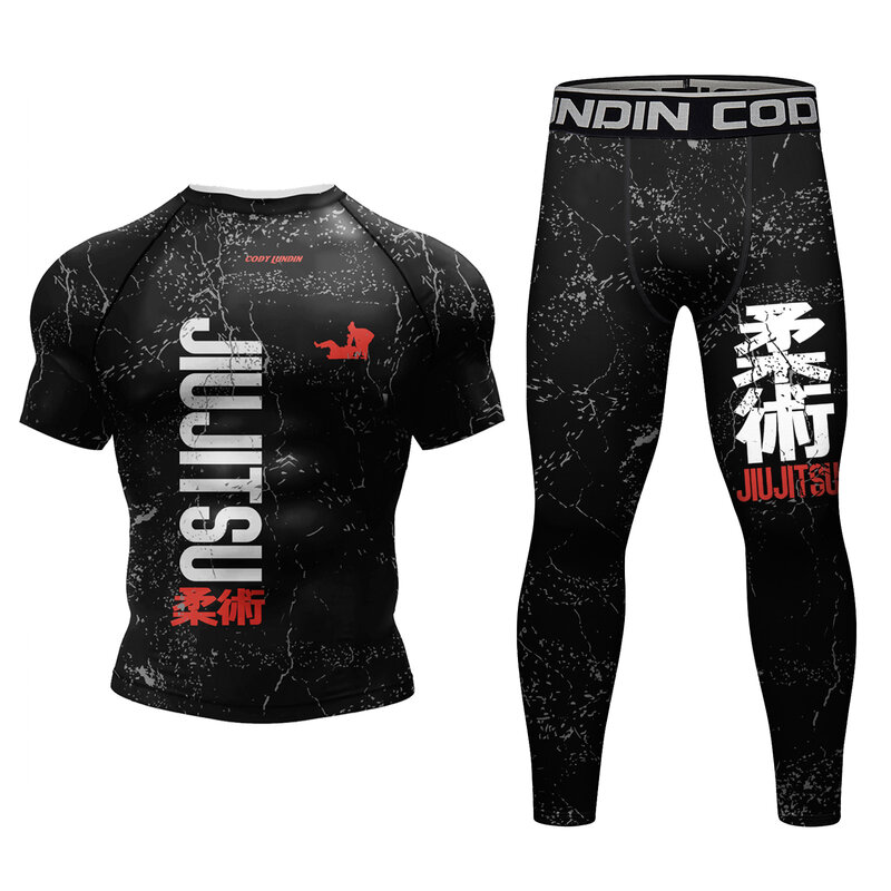 Jiu Jitsu เสื้อยืดแขนสั้น + กางเกงขายาวสำหรับผู้ชายเซ็ตสำหรับนักวิ่ง