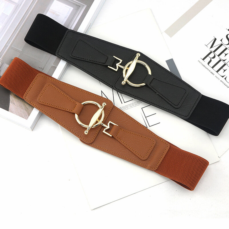 Fashion Wide Corset Belts for Women PU Leather Vintage Waist Belt Adjustable Metal Buckle Elastic High Waistband Accessories