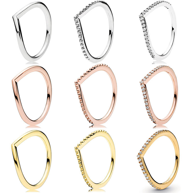 Anillo de Plata de Ley 925 auténtica para mujer, juego de anillos de hueso de deseo de brillo dorado rosa con cristal, regalo de joyería de moda