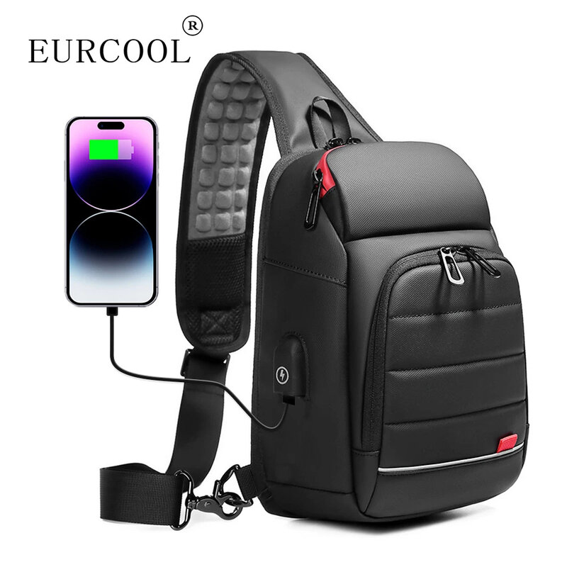 EURCOOL multifunzione uomini petto Bag per 9.7 "USB zaino di ricarica Messenger borse Crossbody spalla maschio borse сумка мужская