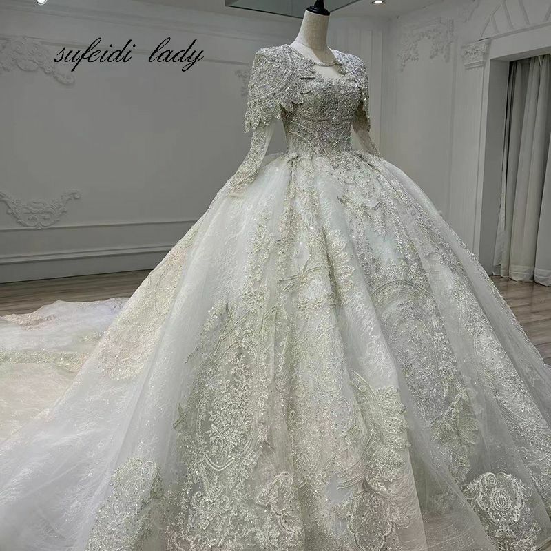 2022 Luxury Beading Wedding Dress Long Sleeve Beaded White Women Bridal Dress Custom Made