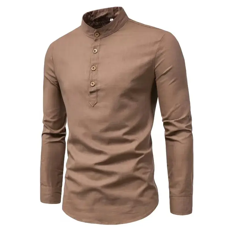 2023 Spring and Summer Cotton Linen Men's Pullover Button Stand Collar Shirt Casual Solid Color Comfortable and Breathable