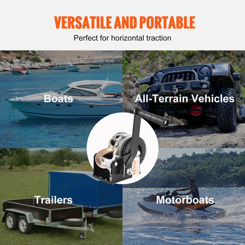 Vevor-ボートとトラック用のスチールロープトラクションホイストハンドインチ、800ポンド、3500ポンドの容量ブレーキ、33フィートのハンドピンチ