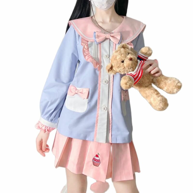 ชุดเสื้อ2ชิ้นสไตล์ญี่ปุ่นเสื้อปักคอปกกะลาสีเสื้อผ้าผู้หญิงเสื้อเชิ้ตตัวเล็กมีจีบแนวญี่ปุ่น JK สุดชิค