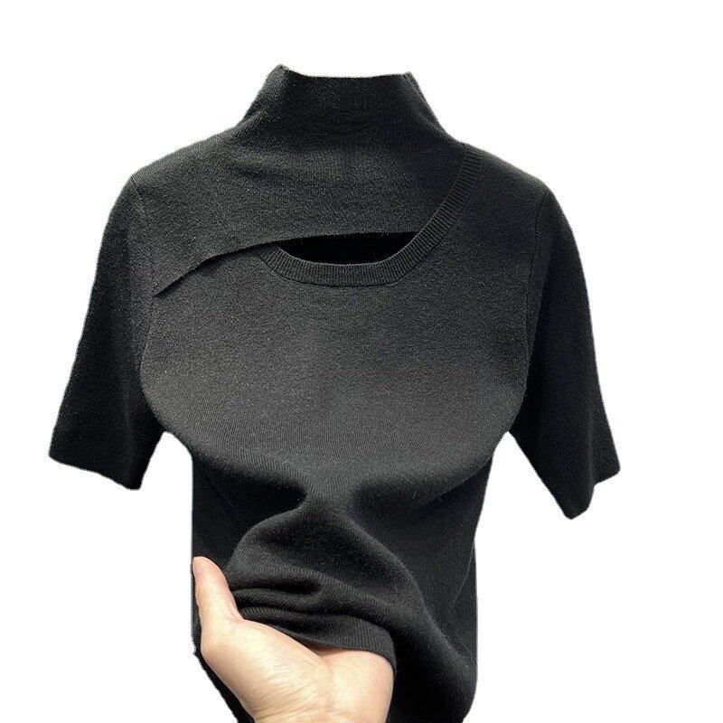 Suéter ajustado de manga corta con Cuello medio alto para mujer, ropa interior de punto de Color liso, Top elegante, 2023