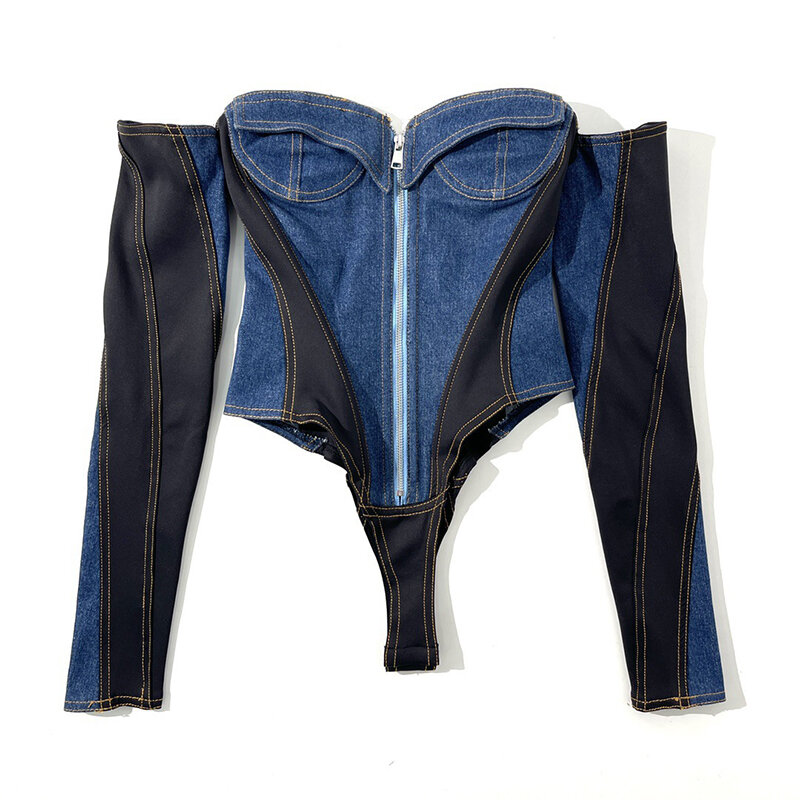Streetwear damskie patchworkowe dżinsowe body jednoczęściowy pasek różowy suwak body kombinezon Skinny jeansowy strój jednoczęściowe kombinezony robocze