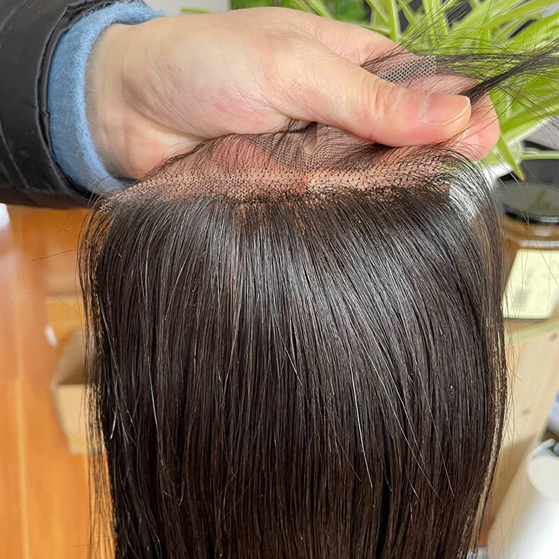 Sutra dasar 4x4IN renda penutupan Brasil Virgin rambut manusia sutra lurus alami warna hitam gratis bagian wig Frontal untuk wanita