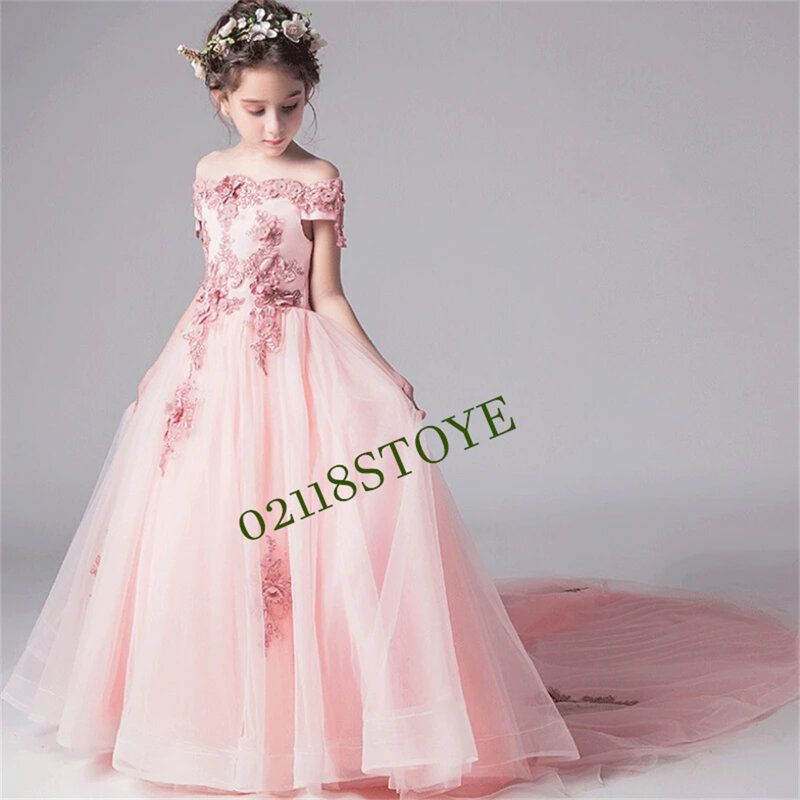 Flower Girl Dresses Pink Puffy Beading Appliques Off Shoulder With Trailing For Wedding Party Birthday Banquet Princess Gowns