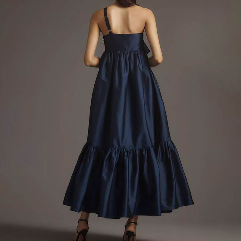 A-Line Tulle Prom Evening Dress One Shoulder Sweetheart Sleeveless Bow Pleated Tea Length Vestido de Noche