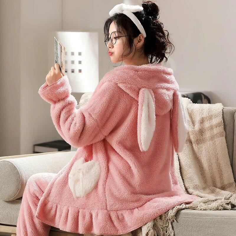 Conjunto de Pijama de lana de Coral para mujer, de felpa suave ropa de dormir, ropa de casa cálida y gruesa, conjunto de salón de franela de invierno