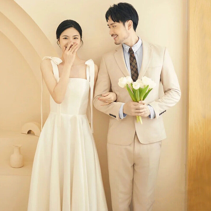 Sweet Bow Spaghetti Straps abito da sposa coreano morbido raso abiti da sposa per donna semplice colletto quadrato spose abiti da sposa