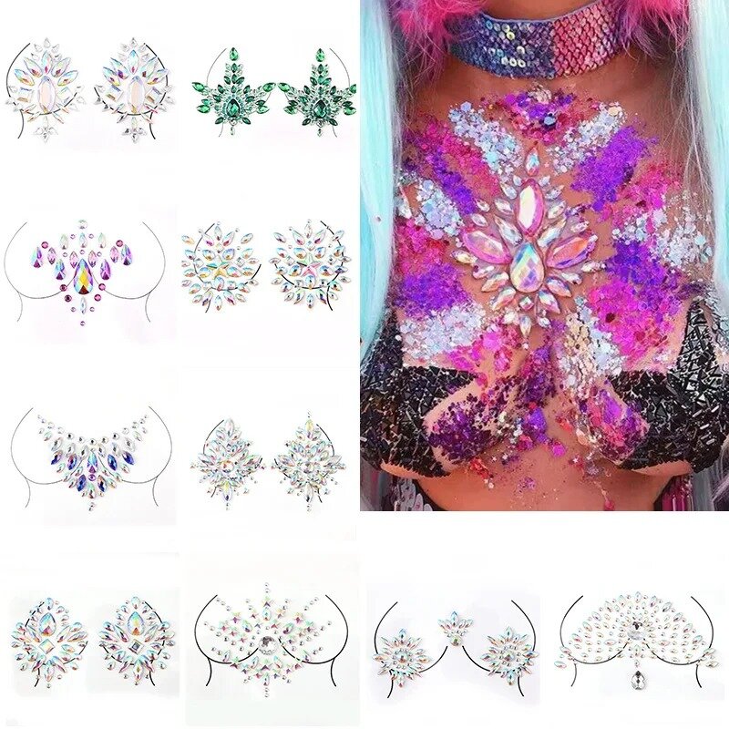 Tatuaggi temporanei da donna adesivi per tatuaggi finti gioielli sul petto decorazione per il viso in cristallo adesivi per il viso con strass in acrilico con diamante