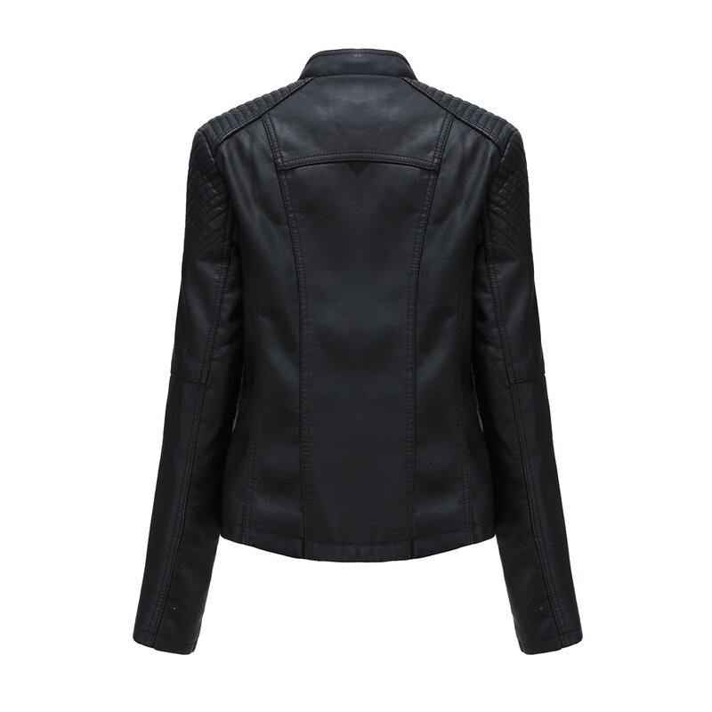여성용 슬림 핏 PU 가죽 재킷, 모터 바이커 짧은 코트, 스탠드 칼라, 지퍼 아우터, 용수철 가을, 2024 신상