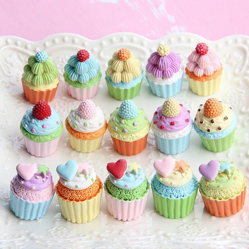 10 buah kerajinan Cupcake Mini ornamen Resin makanan realistis berwarna Macaron untuk Aksesori DIY
