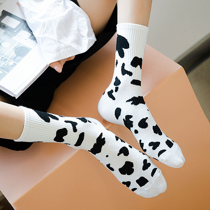 Носки женские в полоску, милые носки с мультяшным принтом коровы, в стиле Харадзюку, с принтом животных, женские велосипедные