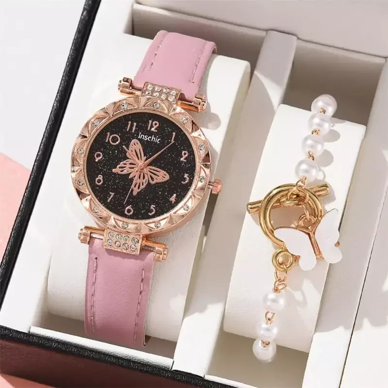 Jam tangan wanita, 1/2 buah jam tangan wanita Set jam tangan kuarsa kristal berlian imitasi mutiara kuarsa kupu-kupu Gelang Set tanpa kotak