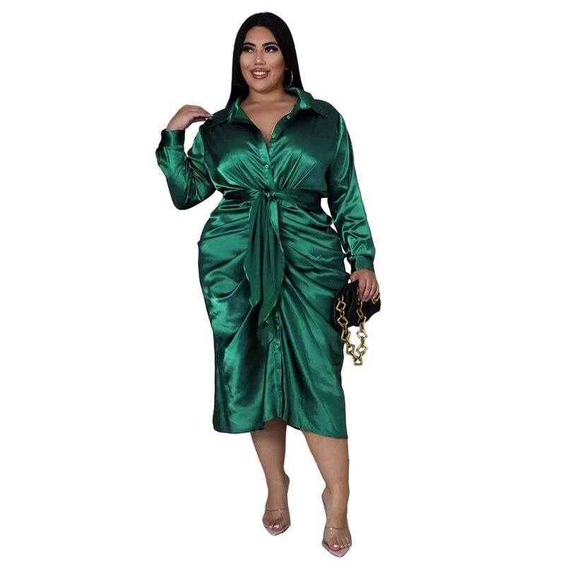 Kleid Büro Dame Midi Mode Stain Frauen Langarm Robe Große Größen Curve Weibliche Casual Plissee Weibliches Hemd Kleid Plus