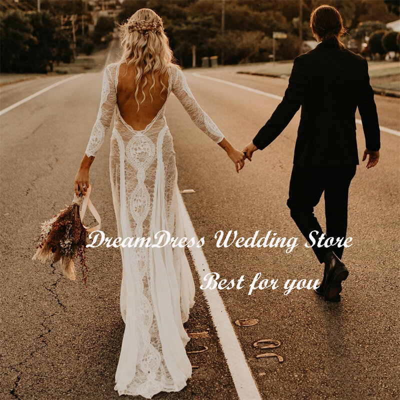 Женское кружевное платье-футляр DREAM, винтажное свадебное платье с круглым вырезом и длинными рукавами, богемное платье с открытой спиной, 2019