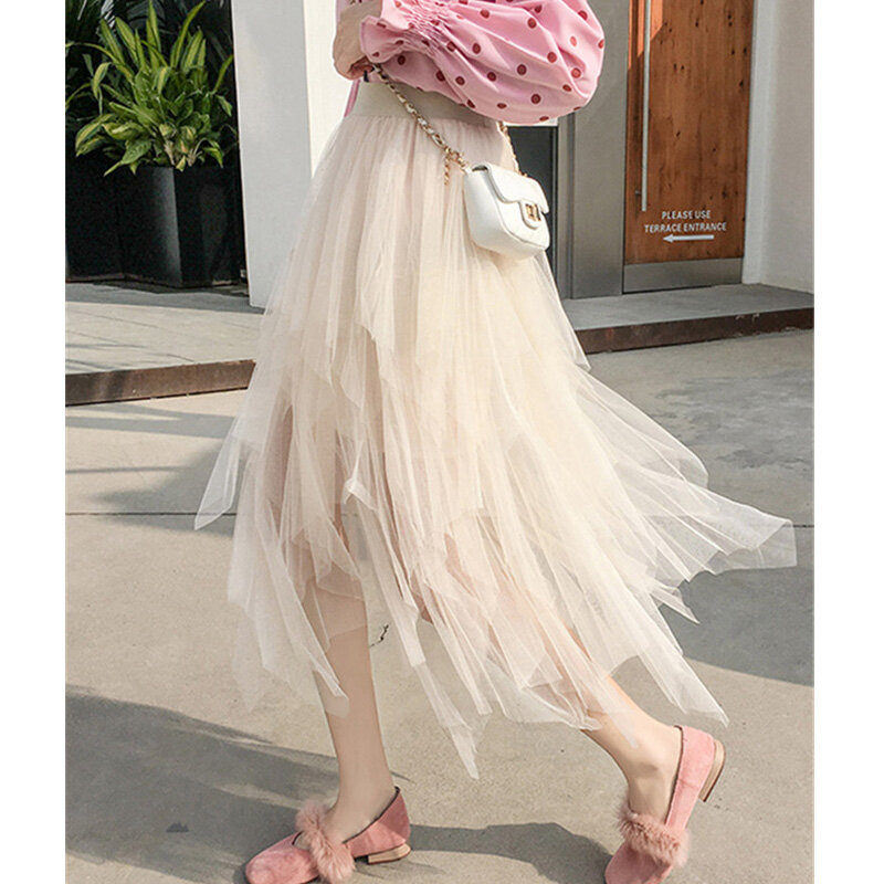 Spring Sweet Multi-color Tulle Patchwork Irregular Skirts Elastic Waist A-line Tiered Mesh Pleated Calf Long Skirts Wholesale