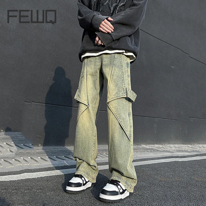 FEWQ Men's Jeans Summer 2024 New Fashion Trend Loose Casual Pants High Street Patchwork Male Denim Trousers Personality 24X9033