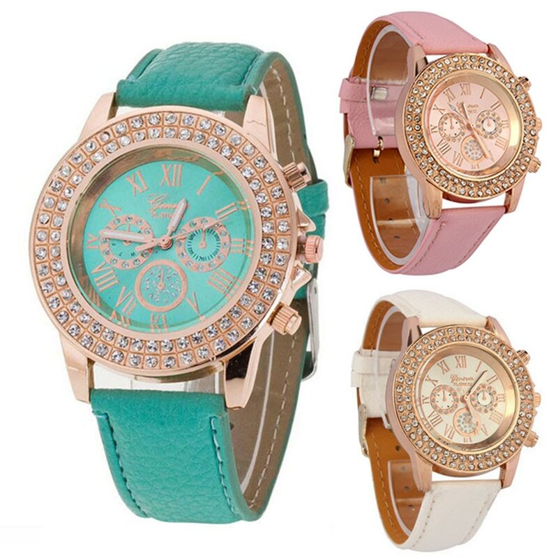 Relógio de pulso com mostrador de cristal feminino, analógico, pulseira de couro, quartzo, relógios analógicos, relógios mecânicos femininos