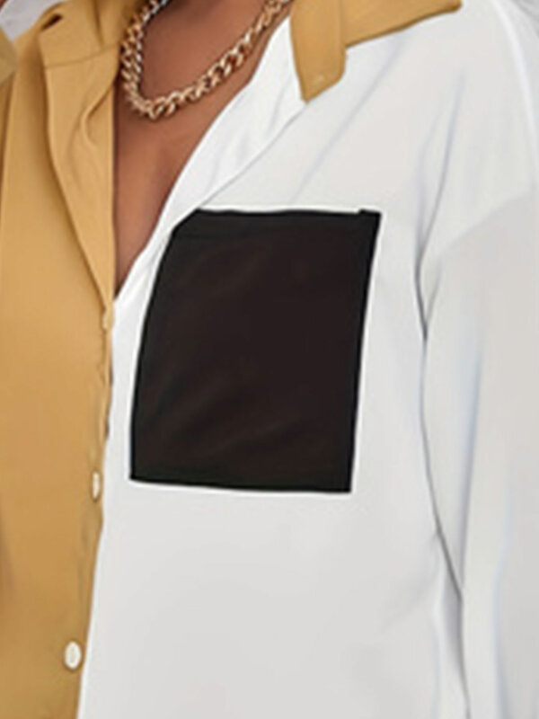 Blusa de manga comprida para mulheres, blusa casual plus size, bloco de cores, botão para cima, gola virada para baixo