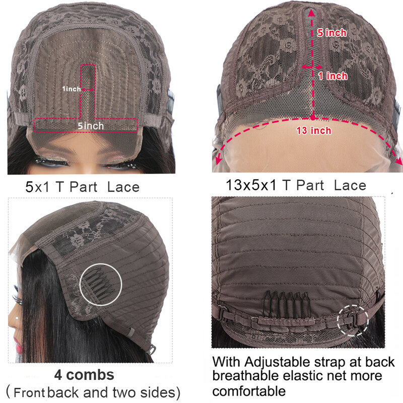 Perucas retas de cabelo humano para mulheres, parte T Lace Front, Remy Hair, parte média Lace Wigs, Natural, linha fina pré-arrancada, 13x5x1
