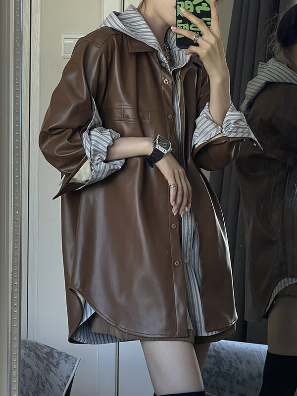 Jaqueta de couro de manga comprida feminina, casaco vintage, botões sobretudo, streetwear casual, senhoras, outono, inverno