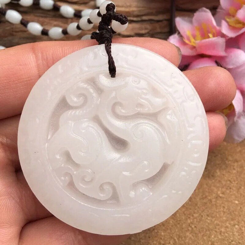 Direct Supply White Jade Dragon Necklace Hanfu Jade Accessories Debt-Paying Jade Natural Afghan White Jade Hollow Antique Dragon