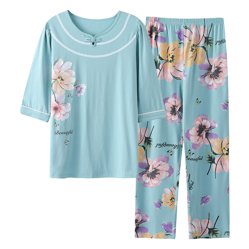 Nova modal três quartos de manga senhoras pijamas terno 3xl floral sleepwear roupas femininas casa