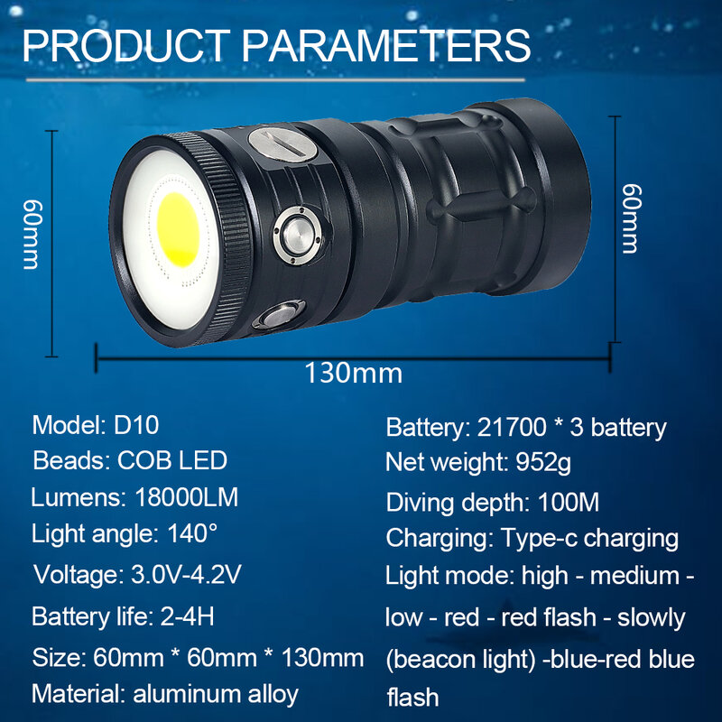 전문가용 LED 다이빙 손전등 18000 루멘 COB 전술 토치 IPX8 방수 비디오 카메라 라이트 화이트 블루 레드 필 라이트