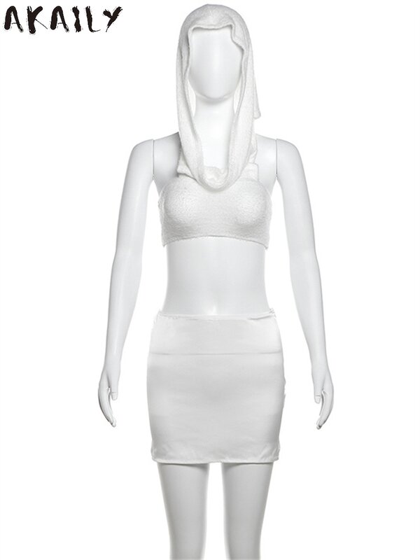 Akaily Summer Sexy White Hooded 2 Two Piece Set Party Club Outfits Women 2024 Bodycon Backless Crop Top And Skirt Matching Sets