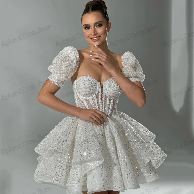ชุดแต่งงานสวยๆชุดมินิเดรสชุดเจ้าสาวทรงเอแขนสั้นพองเสื้อคลุมวินเทจเปิดหลัง2024 Vestidos de Novia