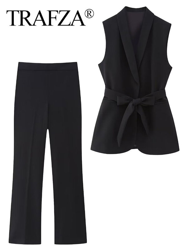 TRAFZA-Fato feminino com decote em V, colete preto, cinto de colete, zíper lateral, calça de cintura alta, outwear elegante, moda sexy