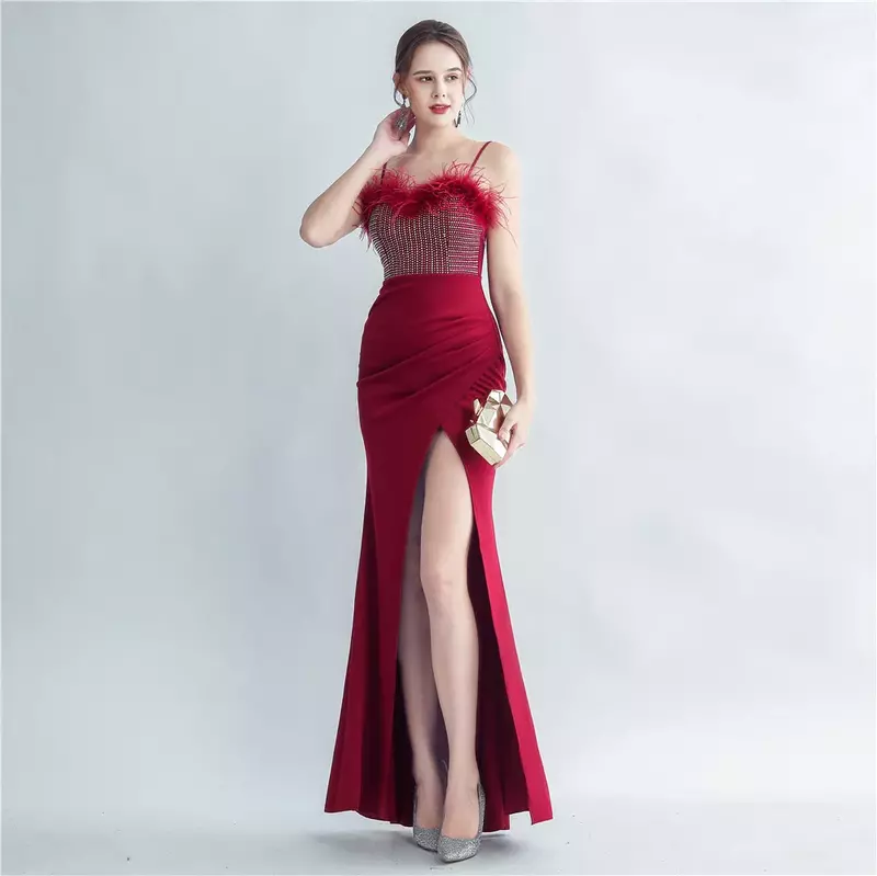 Sladuo Sequin Sexy Bust Beading With Feather Spaghetti Strap Slit Long Mermaid Party Night Dresses