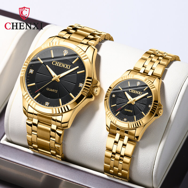 Jam tangan Pasangan kekasih berlian imitasi halus klasik merek CHENXI jam tangan pria & wanita baja tahan karat emas mewah mode Orologi Coppia