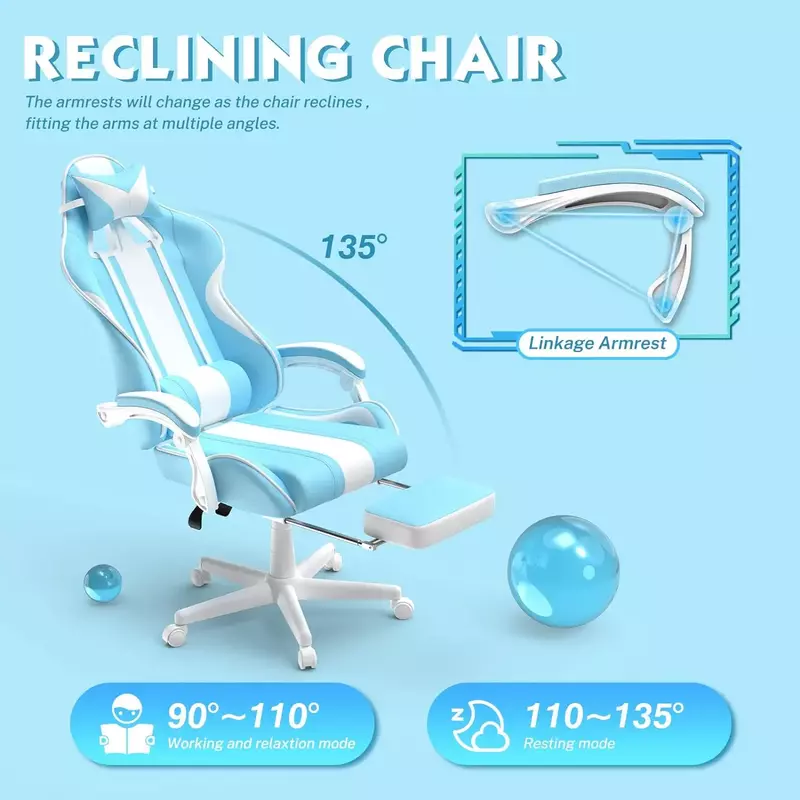Kawaii Light Blue Gaming Chair with Bunny Ears, Cute Ergonomic Gamer Chair with Footrest and Massage, Racing Reclining Leather C