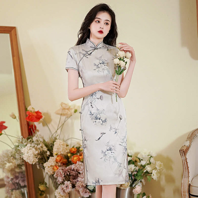 Qipao de manga corta para mujer, vestido chino tradicional, estampado, talla grande, clásico, elegante, Sexy, ajustado, dividido, Cheongsam, Verano