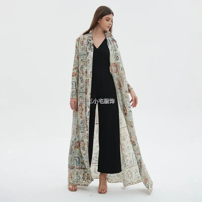 YUDX Miyake abito da donna pieghettato manica a nove minuti Cardigan stampato Vintage sciolto Plus Size lungo Trench arabo 2024 estate nuovo
