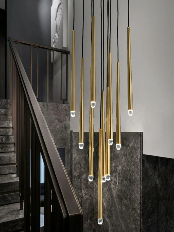 Postmodern Luxury Crystal Led Nordic Golden Black Long Stair Hanging Lamp Restaurant Ceiling