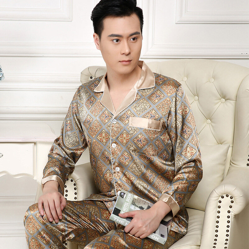 High Quality Pajamas Set Men Spring Autumn Thin Polyester Ice Silk Long-sleeved Sleepwear Plus Size Summer Home Clothes Male