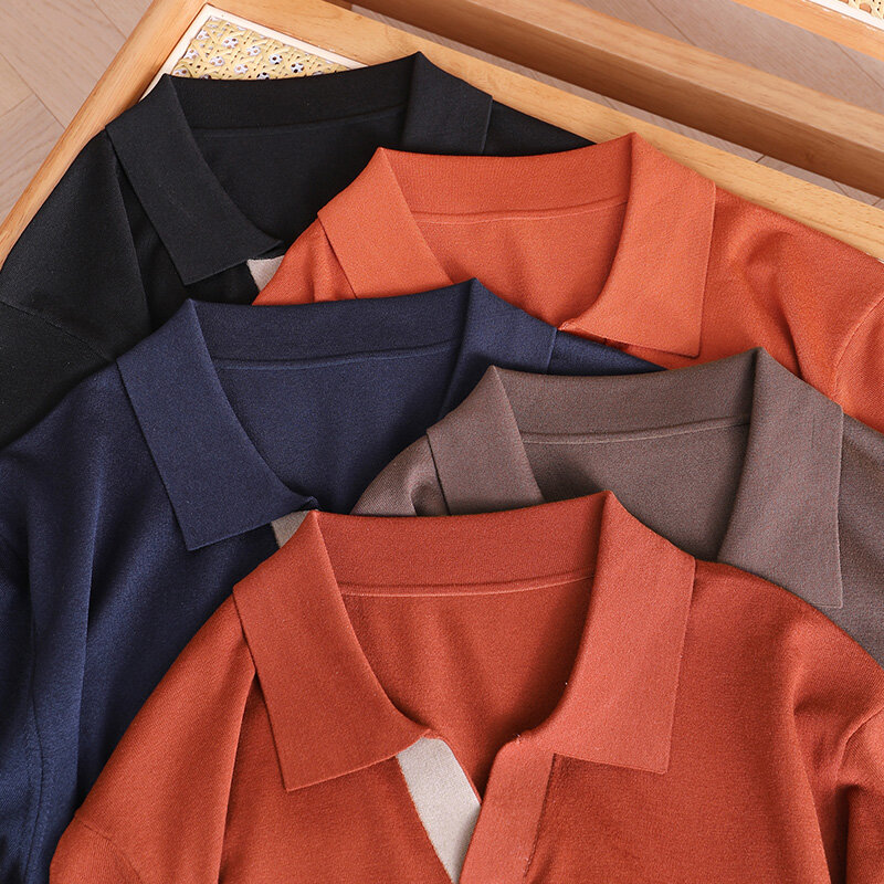 Kaus Polo kasual pria, T-shirt lengan pendek rajutan tipis warna polos kerah v Korea bernapas musim panas