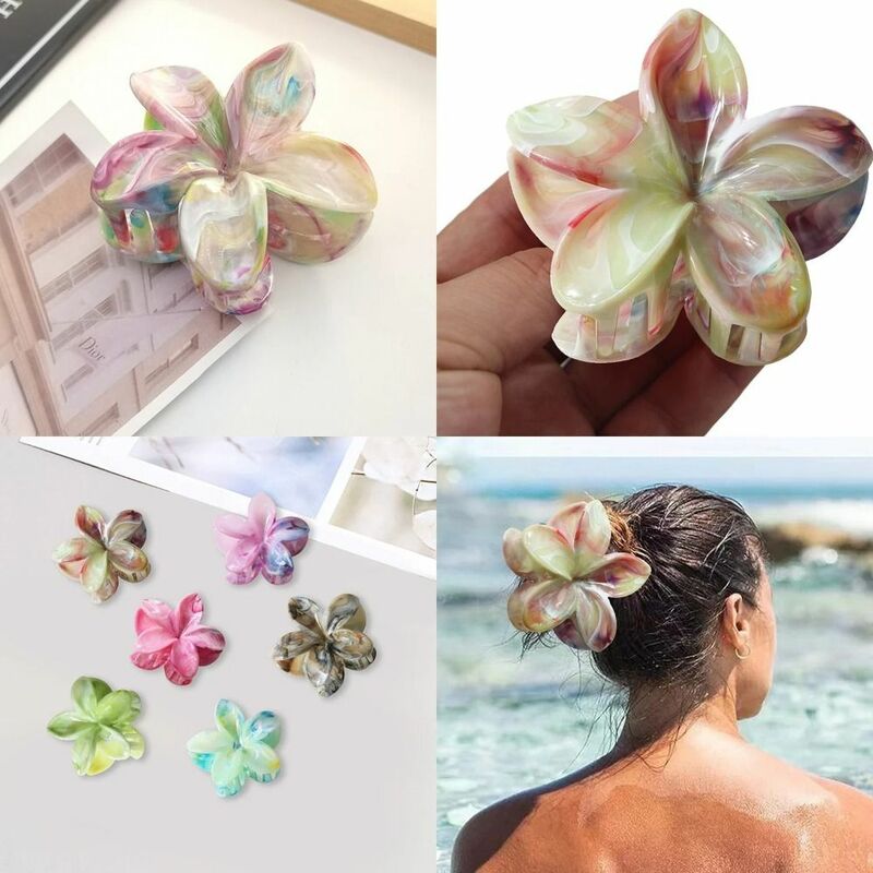 Shark Clip Hair Claw Colorful Plastic Bohemian Styling Barrettes Plumeria Flower Shape Hair Clip Women