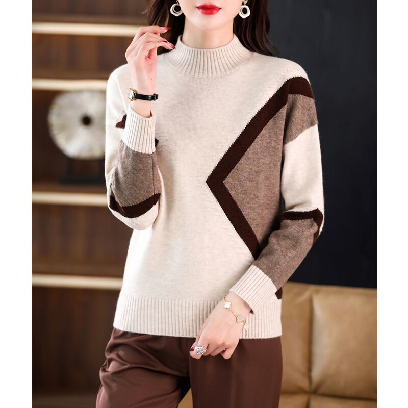 Vintage kobiety koreański moda kontrast kolor sweter z dzianiny jesień zima Casual długi rękaw luźne wszystkie mecze swetry Top bluzy