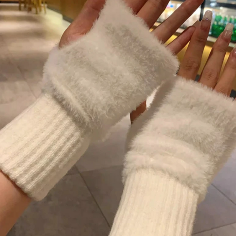 Women Lovely Fur Rabbit Mittens Fingerless Gloves Cute Plush Warm Soft Thicken Gloves for Women Girls Winter Half Finger Gifts
