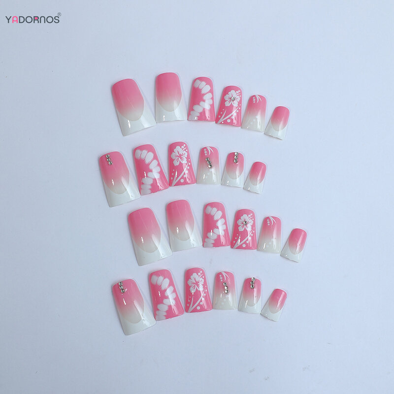 Blush Pink Press on Nails Flower Printed Medium Length Square Head Fake Nails White French Style False Nails Tips for Women